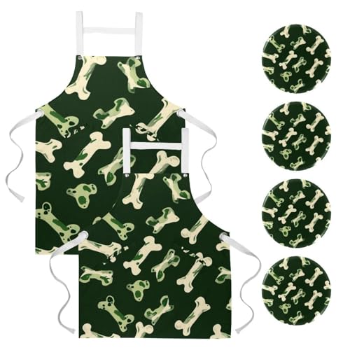 Lot de 2 tabliers de cuisine en lin os verts et pattes de chiens Aquarelle Green
