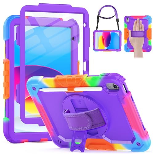HXCASEAC Case for iPad (A16) 11th/10th Generation 2025/2022, with Pencil Holder, Screen Protector, Hand Strap, Durable Shockproof for Kids iPad 10 Case/11-inch A2696/A2757/A2777/A3354/A3355, Purple