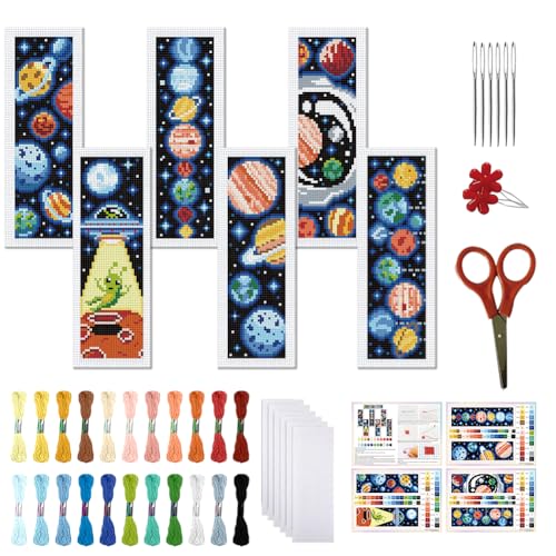 Image of FREEBLOSS 6 Set Cross Stitch Bookmark Kit Planets Pattern Stamped Cross Stitch Kit 11CT Embroidery Kits with Instructions for Beginners Adult 20x6cm /8x2.4inch