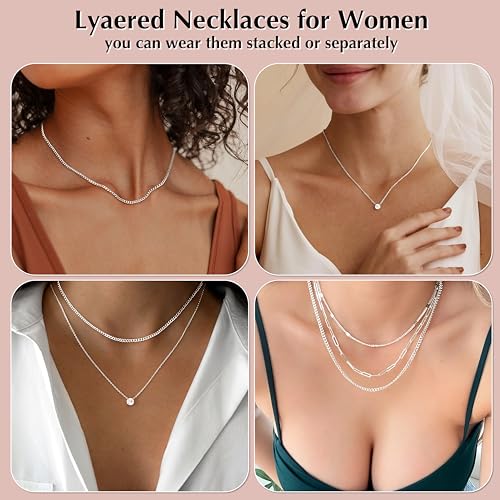 WomenGifts Layered Gold Necklaces for Women, 14K Gold Plated Silver Dainty Pendant Necklace Set with Double Diamond Circle, Chunky Stackable Cuban Chain Choker, Trendy Waterproof Jewelry Gift4