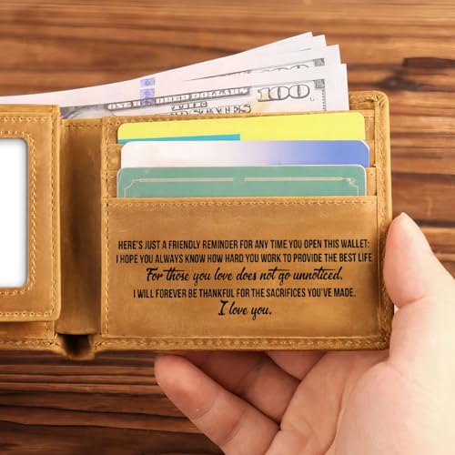 Men Leather Wallet Engraved Gift for Dad - Personalized Gift for Fathers Day, Christmas, Birthday - Minimalist Money Pocket Leather (W01)3