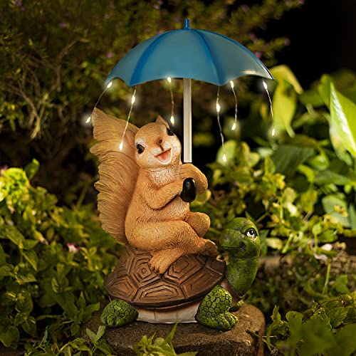 Malister Solar Garden Statue Outdoor Decor, Squirrel Siting On Turtle Statue With String Lights Umbrella For Patio Decor, Garden Decor Garden Art Outdoor Lawn Decor Yard Art, Housewarming Garden Gifts #TOP3