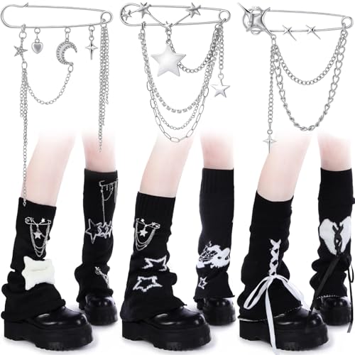 Bunnycool 3 Pairs Y2k Leg Warmers with 3 Pcs Sock Charms Chain Pin Kit Star Skull Heart Print Leg Warmers Moon Harajuku Kawaii Gyaru Goth Lolita Winter Knit Boot Socks Y2k Punk Aesthetic Accessories