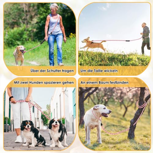 Eyein Hundeleine 3m für Kleine mittelgroße Hunde, 8in1 Schleppleine mit 3 Verstellbare Schnalle und Griffen, Reflektierende Doppelleine für 2 Hunde - Unter 100KG, Verdickte Freihandleinen, Rosa