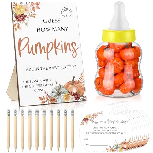 Seenelling 152 Pcs Fall Baby Shower Games Guess How Many Pumpkins Game Stand Sign 100 Pumpkins Guessing Cards 20 Pencils 1 Large Baby Bottle 30 Pumpkins for Guests Gender Reveal Party Game Decorations
