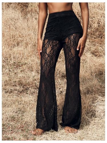 Women's Floral Lace Sheer Mesh Flare Pants Elastic High Waisted Long Trousers4