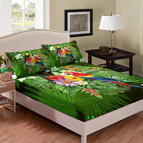 Erosebridal Toucan Fitted Sheet Twin Size Parrot Bedding Set Tropical Palm Leaf Bed Cover for Kids Girls Women Floral Botanical Safari Animals Birds Fresh Natural Bedclothes 3Pcs Green