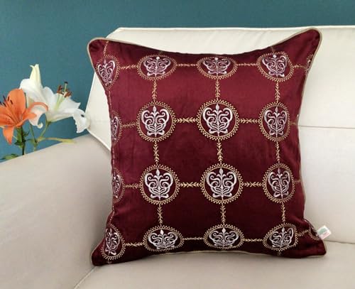 Image of TARA- Sparkling Homes 18 x 18 Inches Zari Embroidered Velvet Cushion Covers, 'Cleopatra' from 'The Royal Collection', Set of 1 (Wine Red, 18 x 18 Inches)