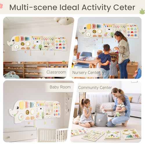 Image of Elephant Activity Wall Busy Board Panels,Wooden Montessori Learning Activity Center Sensory Toys Wooden Sensory Wall Panel for Kids Ideal Furniture for Playroom Daycare Dentist Waiting Room Nursery