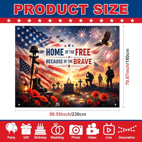 Image of BlissYard Veterans Memorial Backdrop Military Appreciation Banner Patriotic Soldier Tribute Decorations 8x6ft Home of the Free Because of the Brave Veterans Day Memorial Day Independence Day Decor