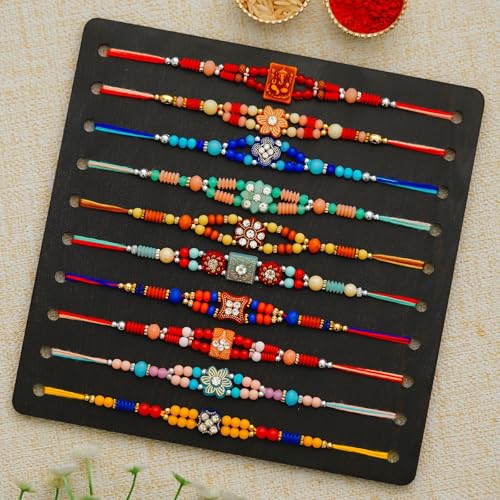 Image of Multicolor Combo of 10 Rakhi Set for Men With Roli Chawal Best Wishes Greeting Card Rakhi for Brother