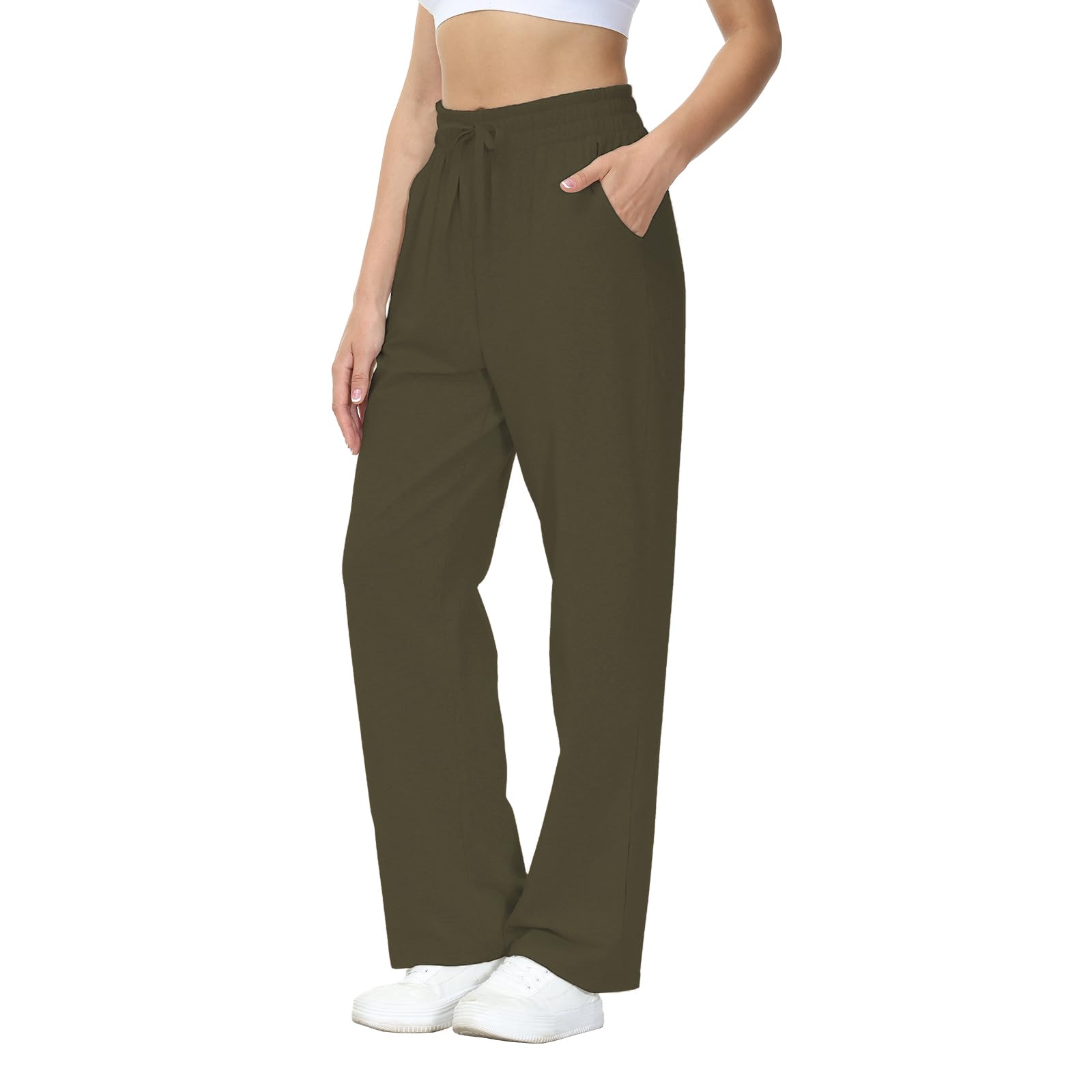HMIYA Jogginghose Damen Baumwolle Freizeithose Lang offenem Boden Yogahose Sporthose Geradem Bein Hose mit Taschen(Armeegrün XXL)