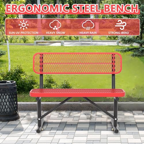 Image of 4ft Metal Park Bench with Back, Red Heavy-Duty Steel Outdoor Bench Dock Bench Weatherproof Long Bench Seats, Commercial Garden Benches for Lawn, Park, Deck, Garden, Patio, Porch, Easy Installation