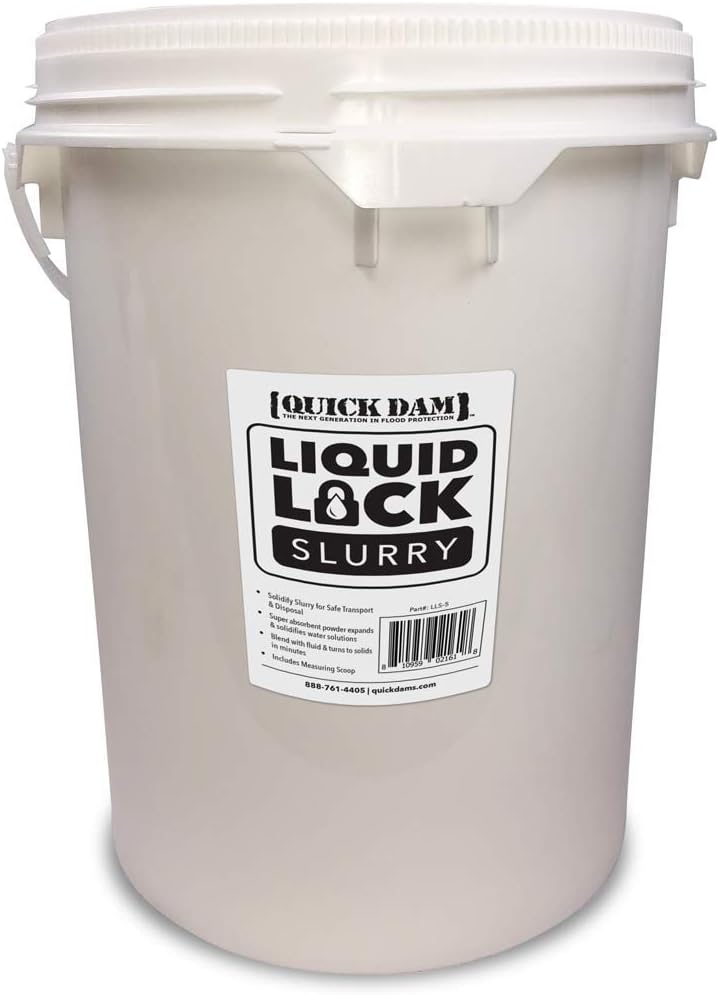 Quick Dam Liquid Lock Slurry – 5 Gallon Pail with Scoop – Solidifies Up to 770 Gallons of Liquid Waste – Super Absorbent Powder for Safe Transport & Disposal