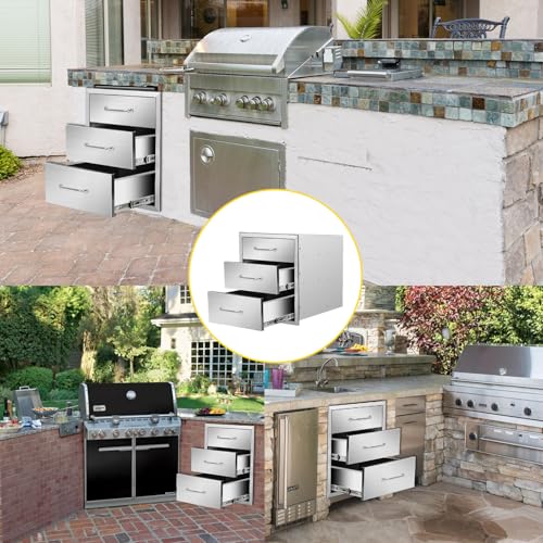 Image of Outdoor Kitchen Drawers 18 inch W x 21 inch H x 21 inch D Flush Mount Triple BBQ Drawers with Chrome Handle Stainless Steel Drawer for Outdoor Kitchen Island, Patio Grill Station