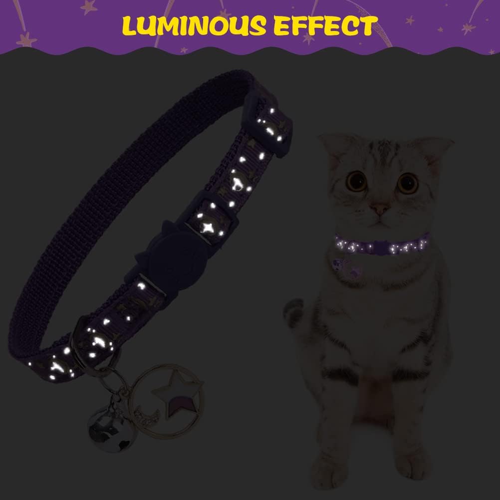 Breakaway Cat Collar with Bells - 3 Pack Charming Luminous Safe Adjustable Moon Pattern Kitten Collar Personalized with Star Pendant, Glow in The Dark