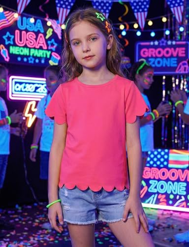 Image of Noomelfish Girls Short Sleeve Scalloped Edge T-Shirts Casual Cute Summer Tee Tops Blouse (5-12 Years)