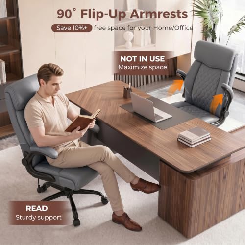 Image of Ergonomic Office Chair with Lumbar Support, Executive Leather Computer Desk Chair with Flip Up Arms & Rocking Function, High Back Big and Tall Comfortable Gaming Chair for Home Office