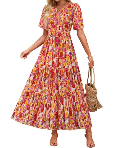 Image of ZESICA Women's 2026 Summer Spring Floral Boho Maxi Dresses Casual Short Sleeve V Neck A Line Flowy Beach Vacation Dress