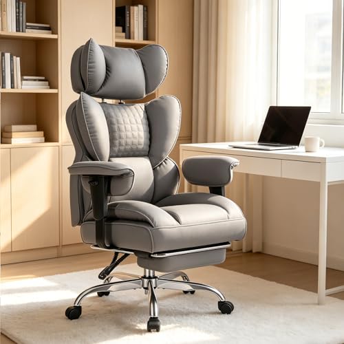 Image of Big and Tall Office Chair 350 LBS, Scratch-Resistant PU Leather Executive Office Desk Chair with Footrest, Ergonomic Reclining Computer Chair with Pocket Spring Support for Home Office, Grey