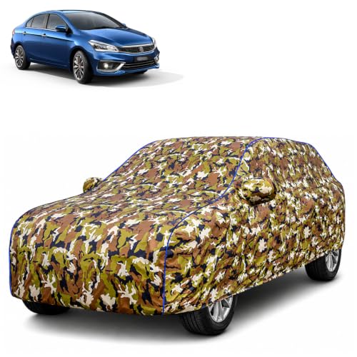 Image of Waterproof Car Body Cover for Maruti Suzuki Ciaz with Mirror Pocket| Cotton Inner Lining | Triple Stitched | All Weather Protection | Dust, UV & Rain Proof (Camouflage with Blue Piping)