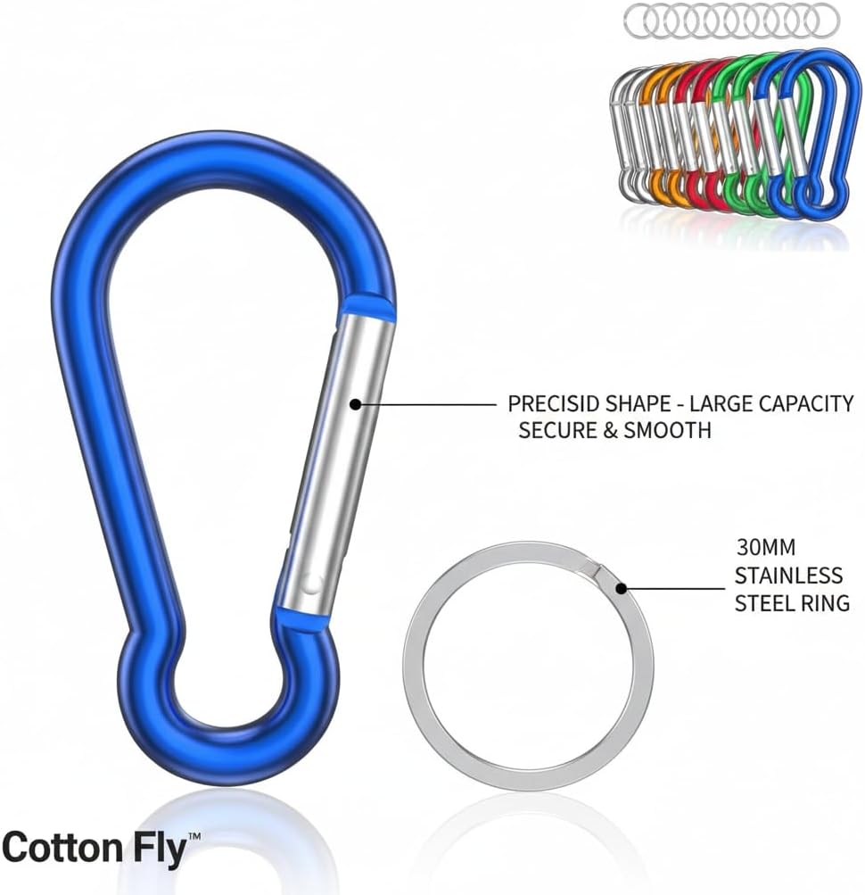 12 Pack Carabiner Clips with 30mm Steel Rings - 3" Aluminum Gourd Shape Spring-Loaded Snap Hooks for Keychain, Camping, Hiking, & Utility - Assorted Colors - Image 2