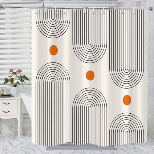Boho Mid Century Shower Curtain, Minimalist Abstract Arch Simple Sun Modern Machine Washable Waterproof for Bathroom Decor Bathtub with 12 Hooks 72×72