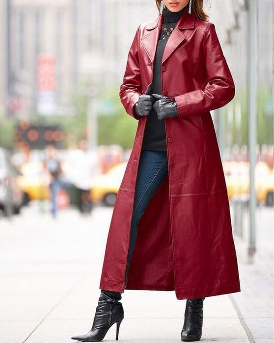 utcoco Womens Faux Leather Trench Coat Classic Lapel Button Down Maxi Jacket 2025 Stylish Overcoat - Image 2