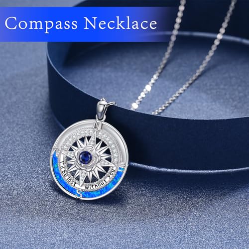 I'd Be Lost without You Compass Necklace for Women 925 Sterling Silver 12 Months Birthstone Compass Jewelry for Wife Girlfriend Blue Opal Nautical Pendant Gifts for Birthday Anniversary Christmas2