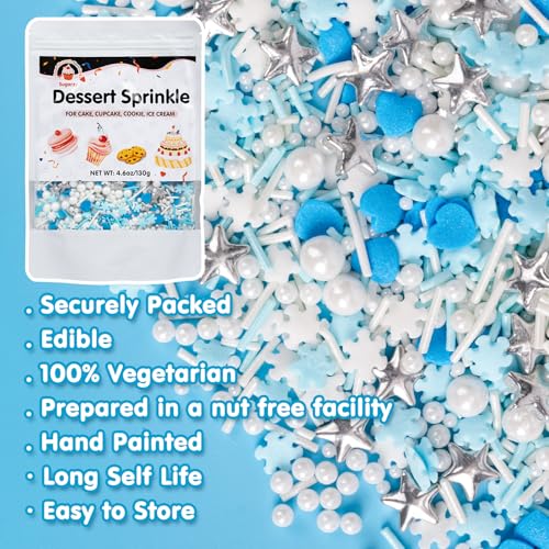 Image of Edible Winter Sprinkles for Cake Decorating,Frozen Blue Heart White Snowflake Silver Star Pearl Jimmies Mix,Confetti Sprinkles 130g /4.58oz,Snowflakes Sugar Pearls for Decorations Baking,Cake Ice Cream Cookies Cupcake Topper Chocolate,Birthday Holiday Children Party Sprinkle