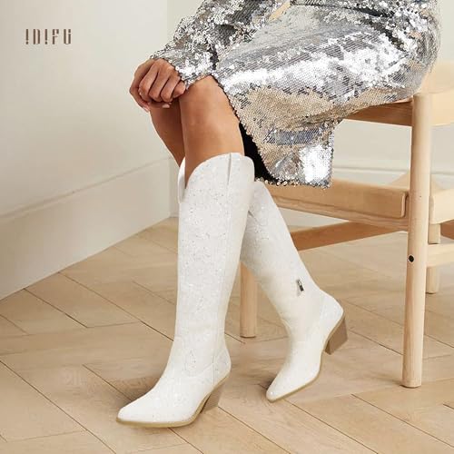 IDIFU IN3 Sparkly Cowboy Cowgirl Boots for Women Knee High Tall Long Glitter Dress Low Chunky Block Heel Sequin Sparkle Wedding Party Date Bride Ladies Bling Shiny Boots3