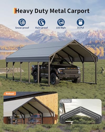 Image of GarveeLife 12x25 ft Metal Carport Oversized, Reinforced Frame and Steel Roof for All-Weather Use, Permanent Shelter for Bass Boats, Full-Sized Pickup Trucks, and Tractors