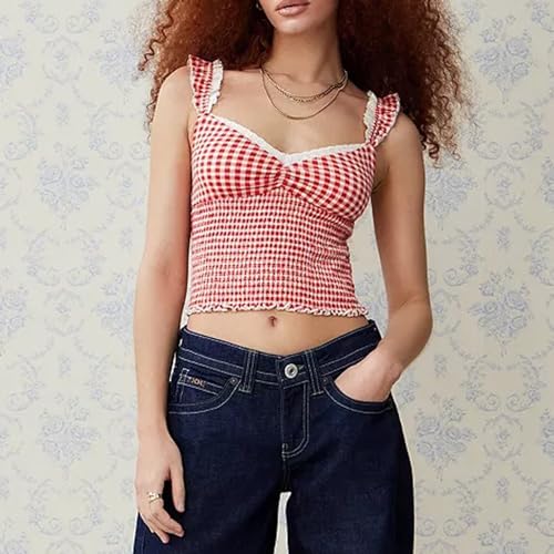 Women Y2K Gingham Peplum Cami Shirt Sleeveless Bow Tie Camisoles Spaghetti Strap Plaid Tank Tops Summer Striped Crop Top2
