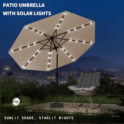 Image of 9FT Patio Umbrella with Solar Lights,Outdoor Market Umbrella with Tilt and Crank, LED Lighted Table Umbrella for Garden,Deck,Backyard,Pool,Beach (Beige)