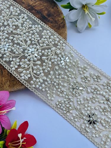 Ribete de encaje Zari dorado premium hecho a mano con perlas y espejos, 4" 5