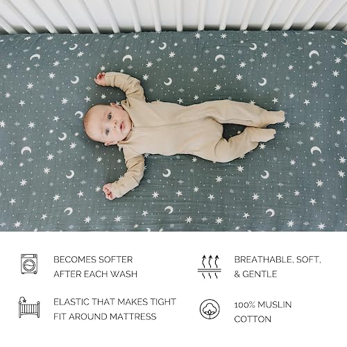 Image of Night Sky Muslin Crib Sheet by Mebie Baby, Soft and Breathable Bed Sheets for Babies, Modern Neutral Bedding for Cribs, Standard Crib Mattress Fitted Sheet, Great for Boy or Girl Room or Nursery