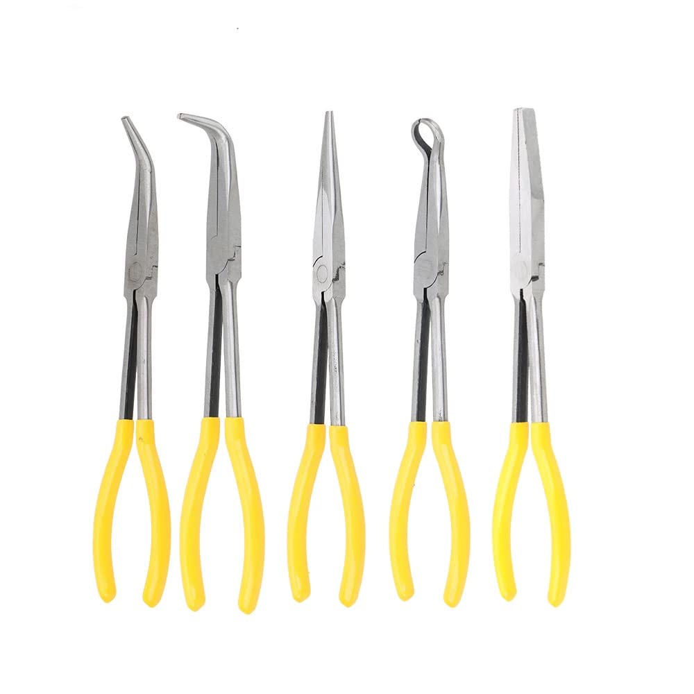 Long Nose Pliers Set 25° 45° 90° Curved, O-Pliers and Straight Tip Carbon Steel Pliers 11" Long Needle Pliers with Curved Handles (5 pcs)