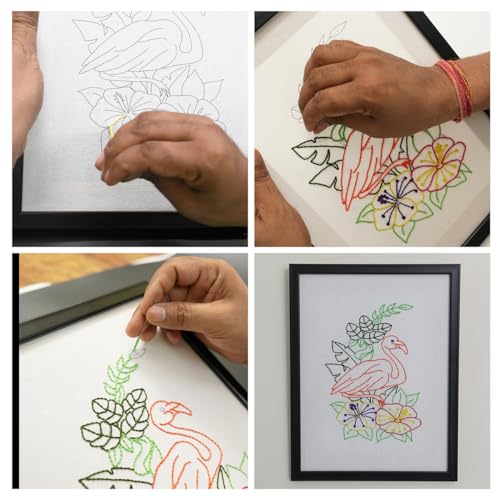 Image of picknMAKE Hand Cross Stitch Embroidery Kits for Beginners Adults with Cloth Fabric, Framed Pattern of Flamingo on White Fabric to do Embroidery with Instruction and All Material Included