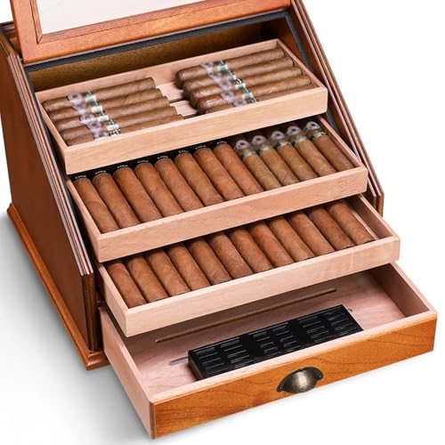 Humidor do cygar, pudełko na cygara cedrowe z nawilżaczem i higrometrem, szklana pokrywa na 100 cygar