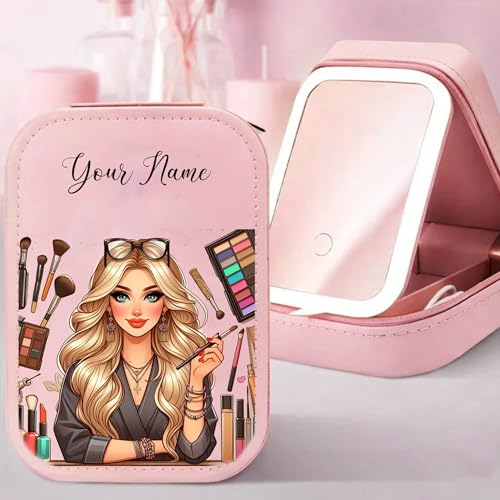 Image of PRIMIT LED Travel Jewelry Case and Makeup Bag with Mirror, Dust-Proof Jewelry Box, 10 Sealed Jewelry Bags - Compact Cosmetic Mirror Case for Women Girls Travel Essentials (Makeup Artist Girl)