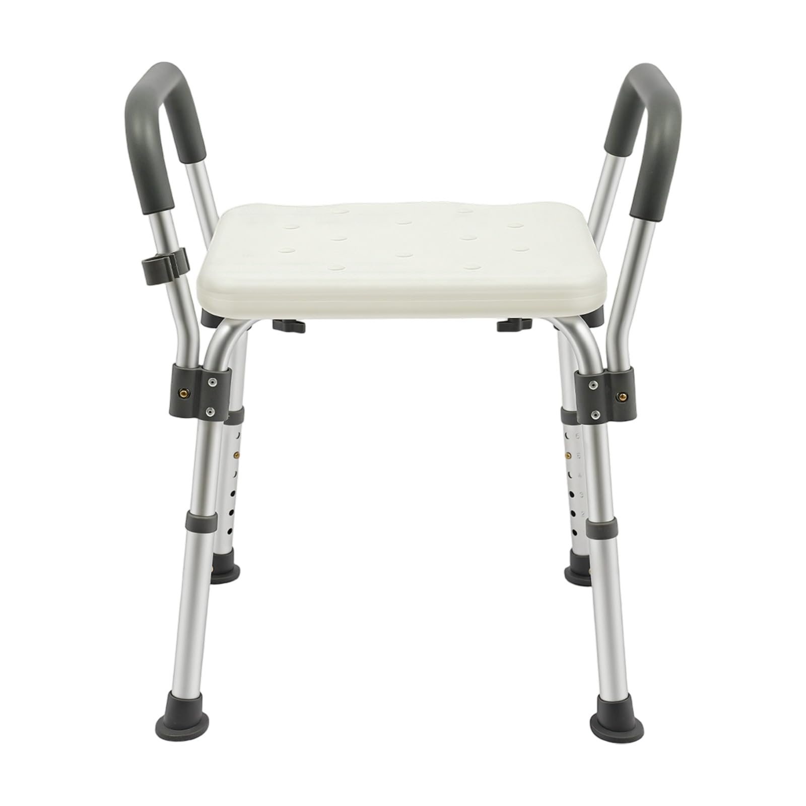 Taburete de ducha ajustable, silla de baño senior, asiento de aluminio, altura ajustable 37-49 cm, apoyabrazos extraíbles, soporte 150 kg, antideslizante, uso en casa