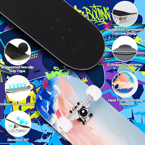 Image of Skateboards for Beginners Adults Youths Teens Kids Girls Boys 31 Inch Pro Complete Skate Boards 7 Layer Canadian Maple Double Kick Concave Longboards