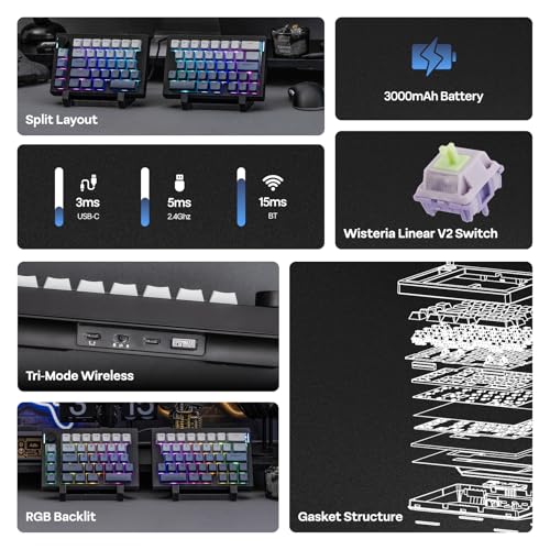 Image of EPOMAKER Split70 Wireless Ergonomic Keyboard with QMK /VIA and Knob, Mechanical Gaming Keyboard with RGB, Hot-Swap, Creamy Linear Switch, PBT Keycap, Mac Modifier, Gasket, 70% Split Layout (Black)