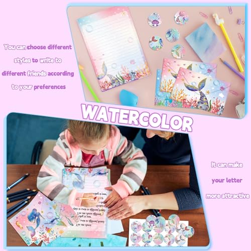 Image of TaoBary 160 Pcs Mermaid Stationery Paper and Envelopes Set 50 Double Sided Lined Stationery Paper with 50 Matching Envelopes and 60 Round Dot Sticker 5.5 x 8.25'' Letter Writing Kit, 10design