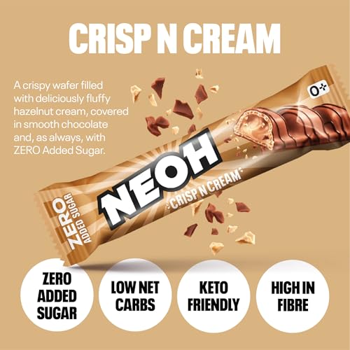 NEOH Zero Added Sugar Crisp and Cream, Milch-Haselnuss-Creme mit Kakaoüberzug, Vegetarisch & Low Carb, 3g Nettokohlenhydrate pro Portion, Die gesunde Alternative, 20x22g Crisp n Cream