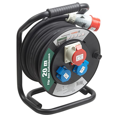 Meister Kabeltrommel H07RN-F5G2,5, IP44 - 20 m Kabel - Thermoschutz-Schalter - Outdoor / Kabelrolle mit CEE- & Schuko-Steckdosen / Kabelbox mit Verlängerungskabel / Leitungsroller mit Kurbel / 7435900
