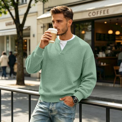 Mens Henley Long Sleeve Shirt Comfort Textured Waffle Knit Golf T Shirts | Collared,Breathable Slim Fit Fitted,Thermal Shirt,Plus Size Untucked,Undershirts,Comfy Workout Golf,Pullover Sweatshirt Green - image 2