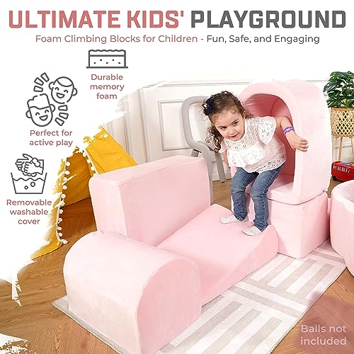 Foam Climbing Blocks for Toddlers & Babies – 5-Piece Soft Playset with High-Density Memory Foam & Velvet Cover – Indoor Climb and Crawl Activity Play Set for Motor Skills Imaginative Active Fun - Pink - Image 4
