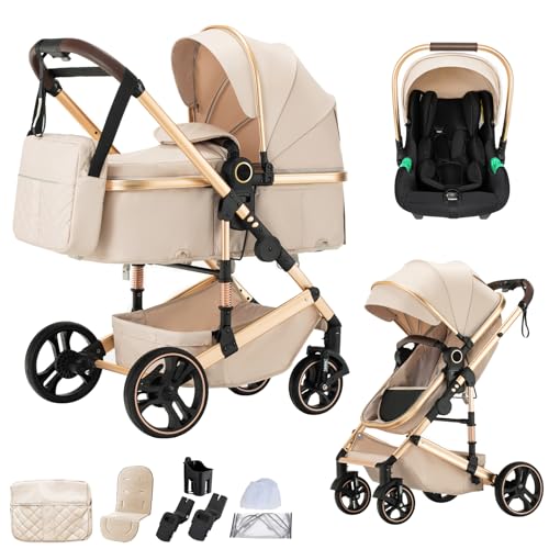 BEBBY BEBBY Cochecito de bebé 3 en 1,Carricoche Combinado Paisaje Alto Marco de Aluminio Para Recién Nacido0-22KG,Portátil Carrito Bebe 3 en 1 Con Asiento De (H9-BEIGE, H9)
