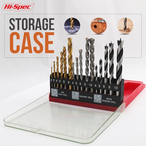 Image of Hi-Spec 16pc Compact Multi Steel Drill Bit Box Case Set. HSS Titanium Coated, Brad Points & Masonry Mixed Drill Bits for Metal, Wood, Plastics & Brick